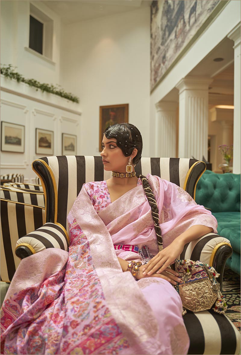 Monjolika Fashion Light Pink Color Handloom Weaving Silk Work Saree With Blouse | Grocsy