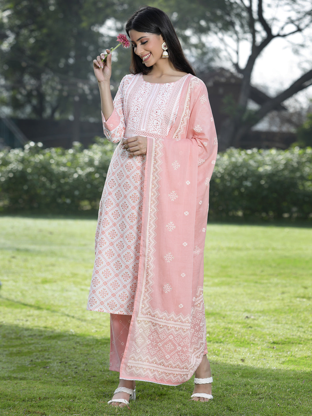 Juniper Women Peach Cotton Embroidered Straight Kurta Pant Dupatta Set | Grocsy