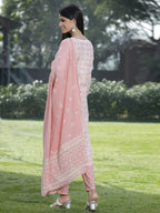 Juniper Women Peach Cotton Embroidered Straight Kurta Pant Dupatta Set | Grocsy