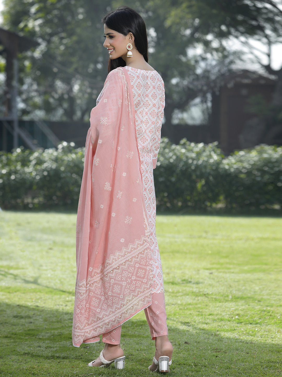 Juniper Women Peach Cotton Embroidered Straight Kurta Pant Dupatta Set | Grocsy
