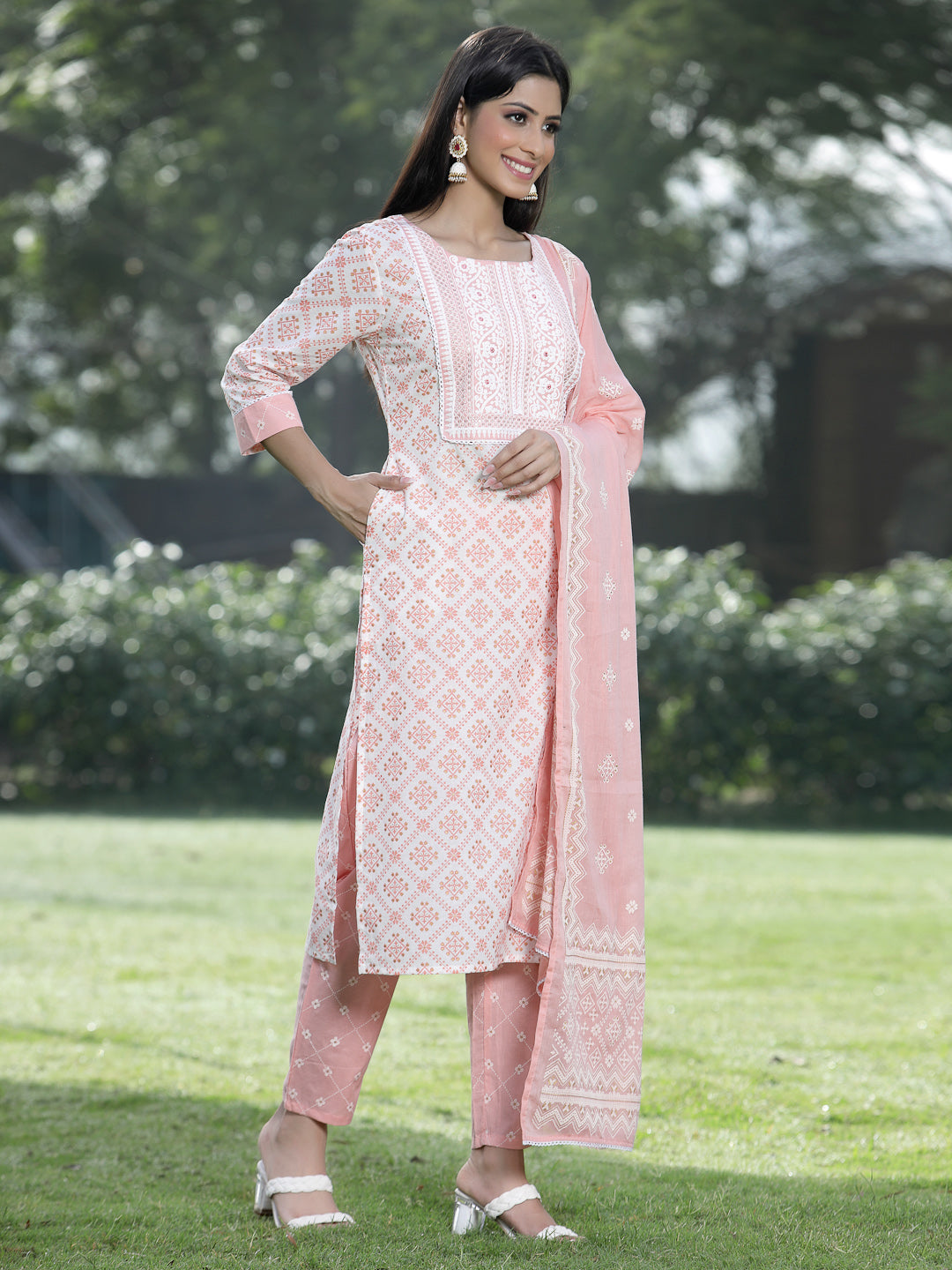 Juniper Women Peach Cotton Embroidered Straight Kurta Pant Dupatta Set | Grocsy