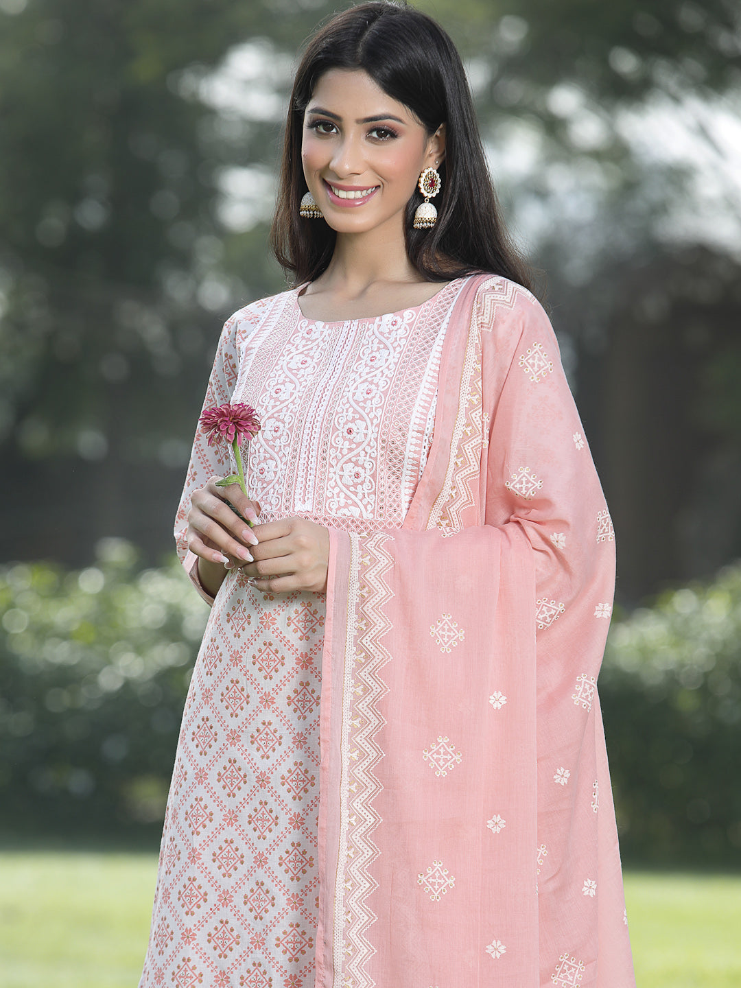 Juniper Women Peach Cotton Embroidered Straight Kurta Pant Dupatta Set | Grocsy