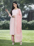 Juniper Women Peach Cotton Embroidered Straight Kurta Pant Dupatta Set | Grocsy