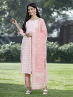 Juniper Women Peach Cotton Embroidered Straight Kurta Pant Dupatta Set | Grocsy