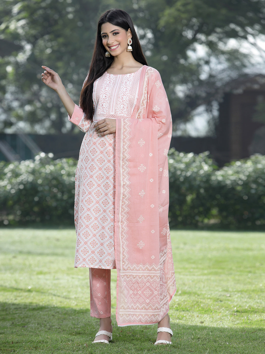 Juniper Women Peach Cotton Embroidered Straight Kurta Pant Dupatta Set | Grocsy