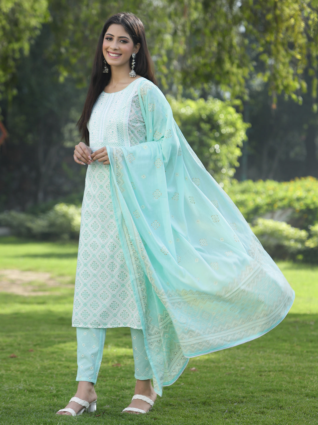 Juniper Women Powder Blue Cotton Embroidered Straight Kurta Pant Dupatta Set | Grocsy
