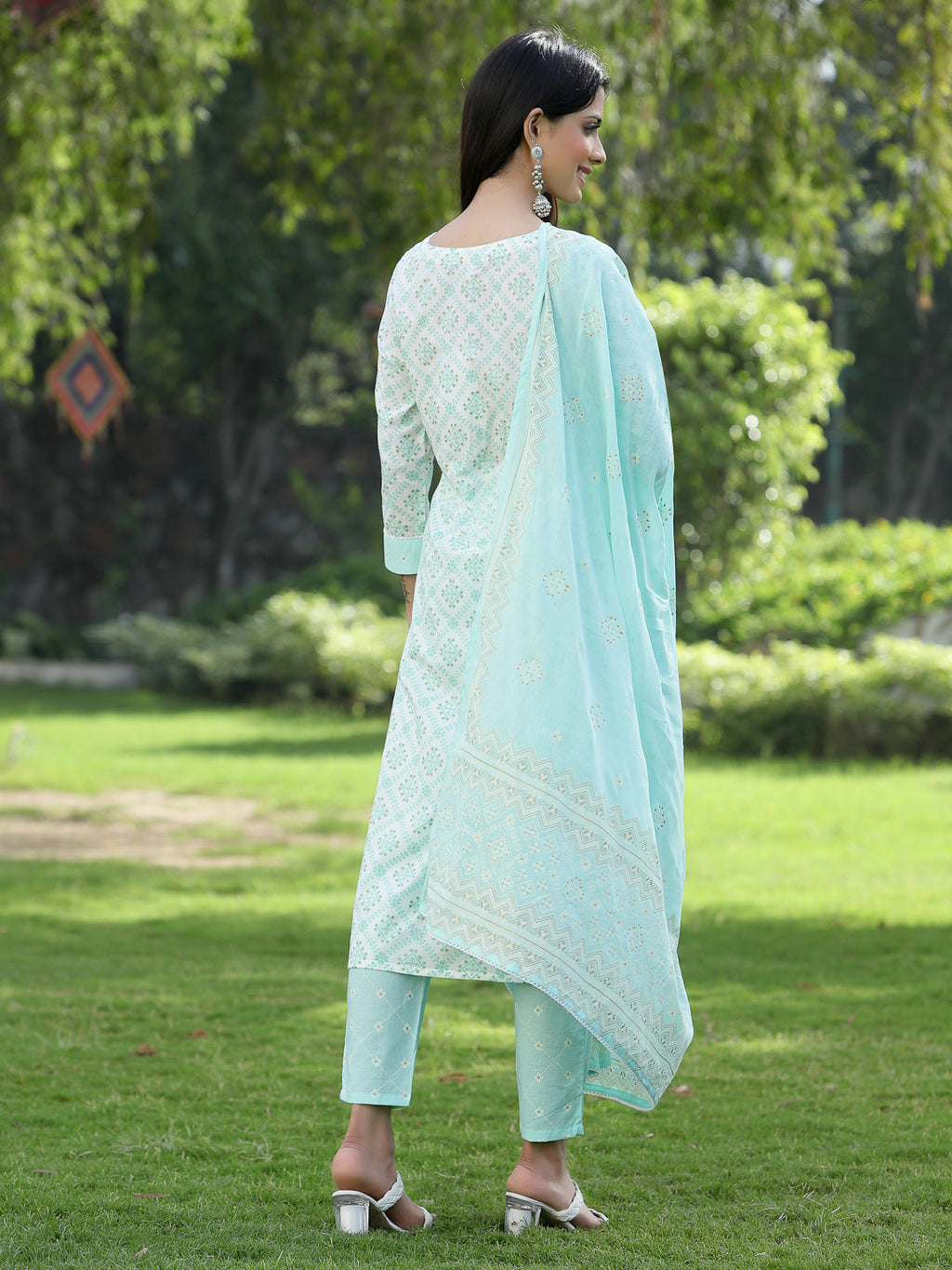 Juniper Women Powder Blue Cotton Embroidered Straight Kurta Pant Dupatta Set | Grocsy