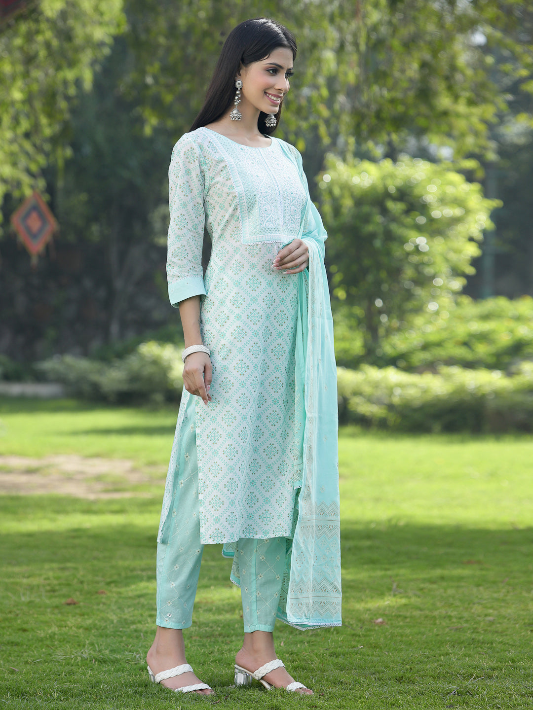 Juniper Women Powder Blue Cotton Embroidered Straight Kurta Pant Dupatta Set | Grocsy