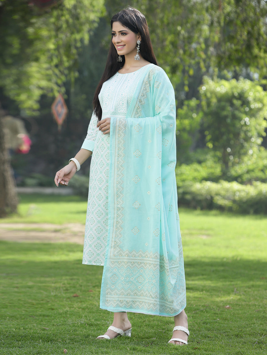 Juniper Women Powder Blue Cotton Embroidered Straight Kurta Pant Dupatta Set | Grocsy
