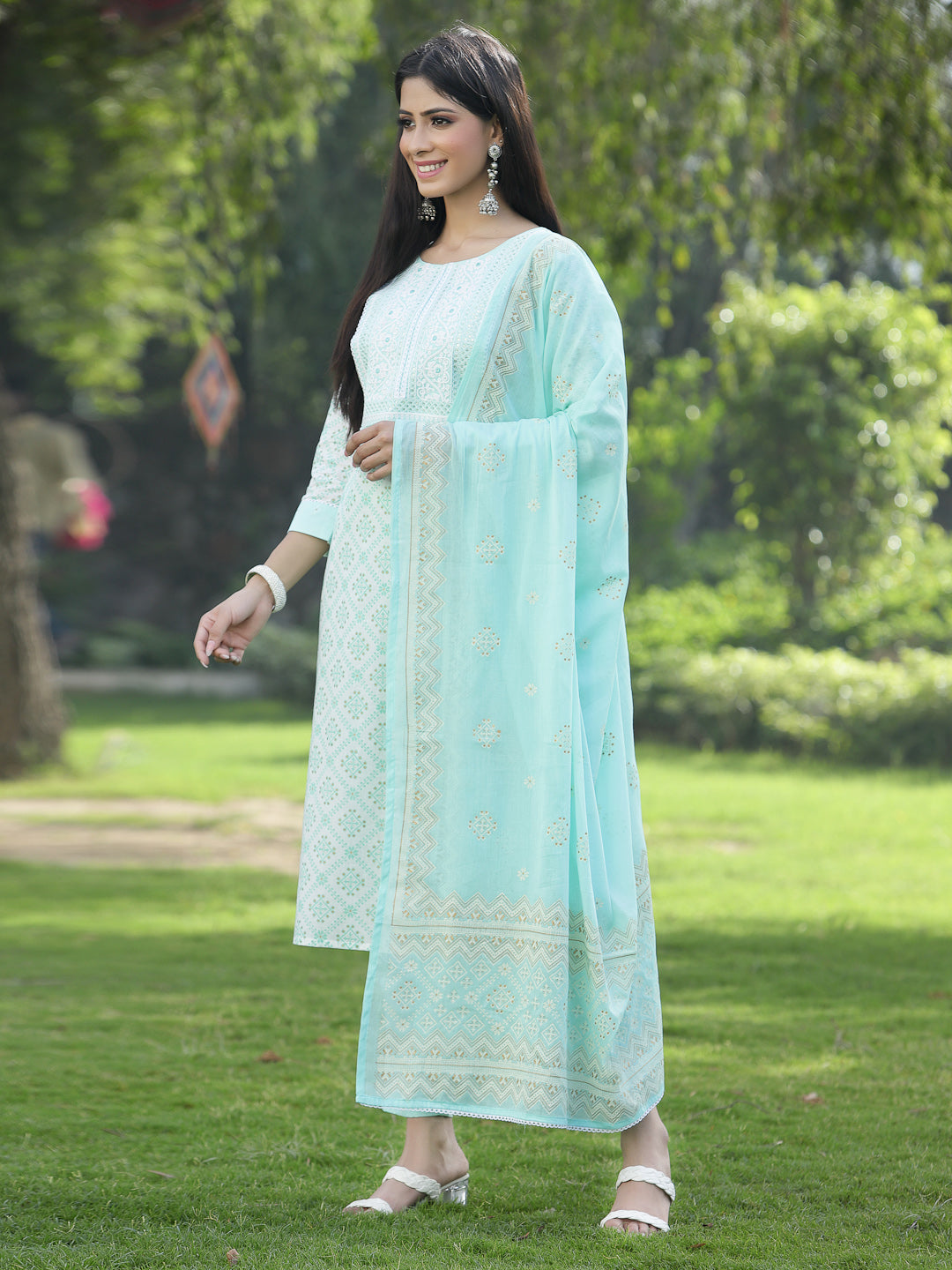Juniper Women Powder Blue Cotton Embroidered Straight Kurta Pant Dupatta Set | Grocsy