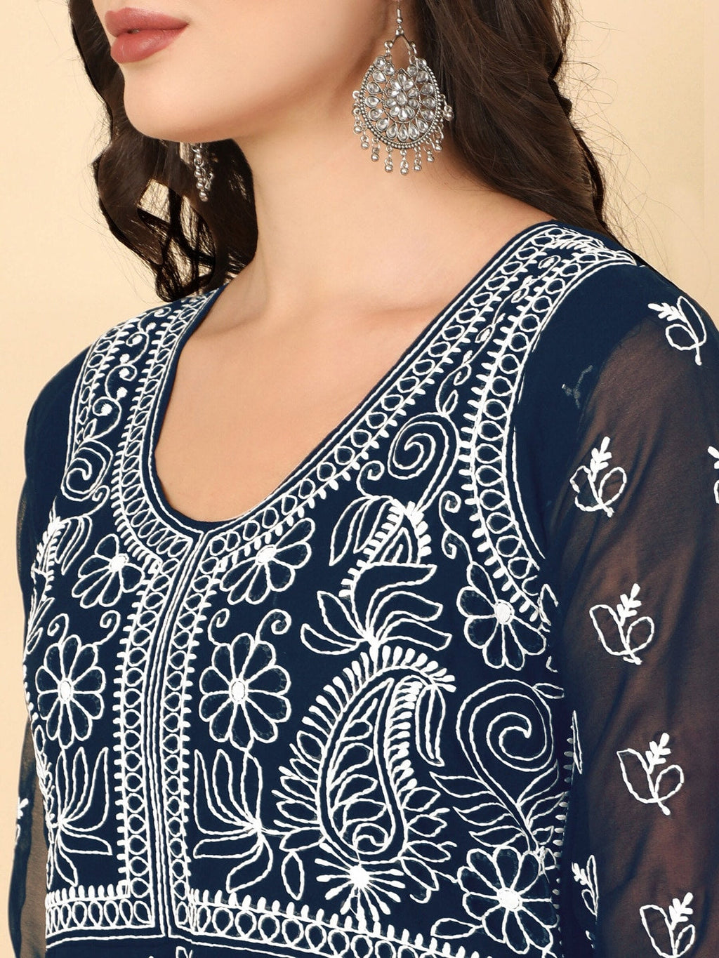 HERE&NOW Women Chikankari Embroidered Thread Work Georgette Anarkali Kurta | Grocsy