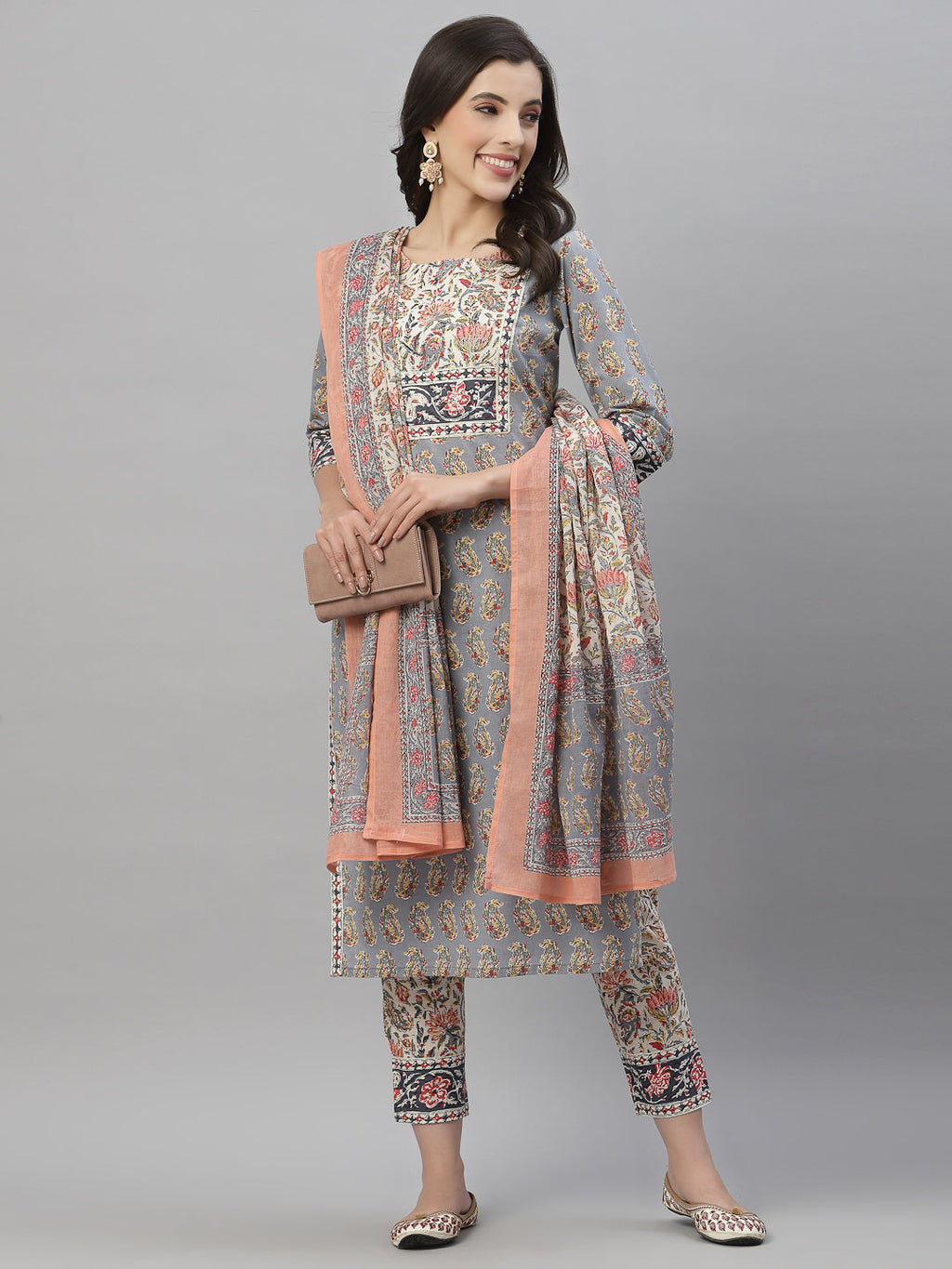 Juniper Women Grey Cotton Embroidered Straight Kurta Pant Dupatta Set | Grocsy