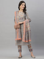 Juniper Women Grey Cotton Embroidered Straight Kurta Pant Dupatta Set | Grocsy