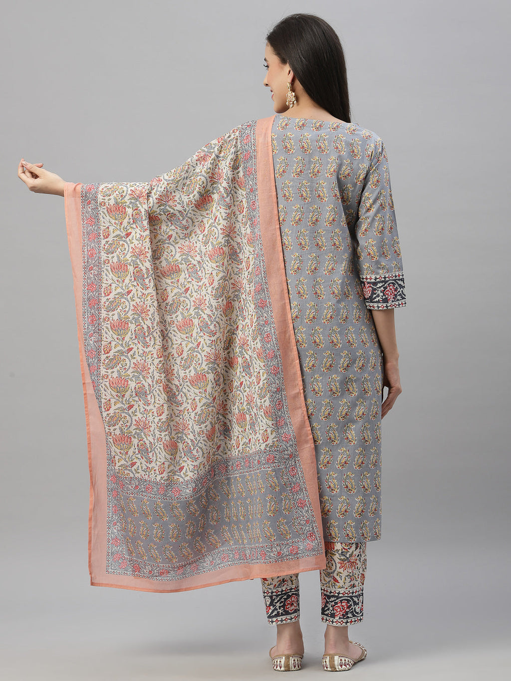 Juniper Women Grey Cotton Embroidered Straight Kurta Pant Dupatta Set | Grocsy
