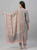 Juniper Women Grey Cotton Embroidered Straight Kurta Pant Dupatta Set | Grocsy
