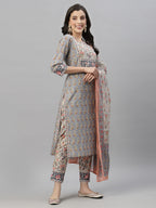 Juniper Women Grey Cotton Embroidered Straight Kurta Pant Dupatta Set | Grocsy