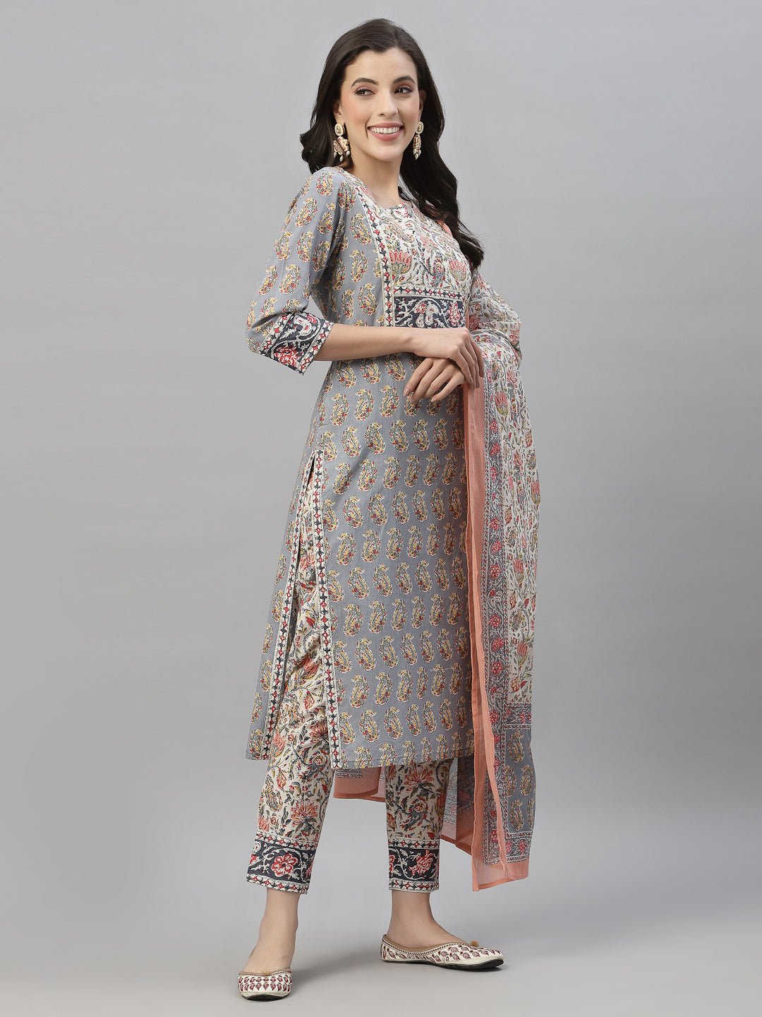 Juniper Women Grey Cotton Embroidered Straight Kurta Pant Dupatta Set | Grocsy