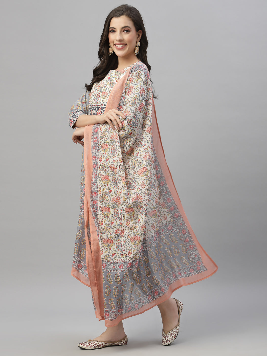 Juniper Women Grey Cotton Embroidered Straight Kurta Pant Dupatta Set | Grocsy
