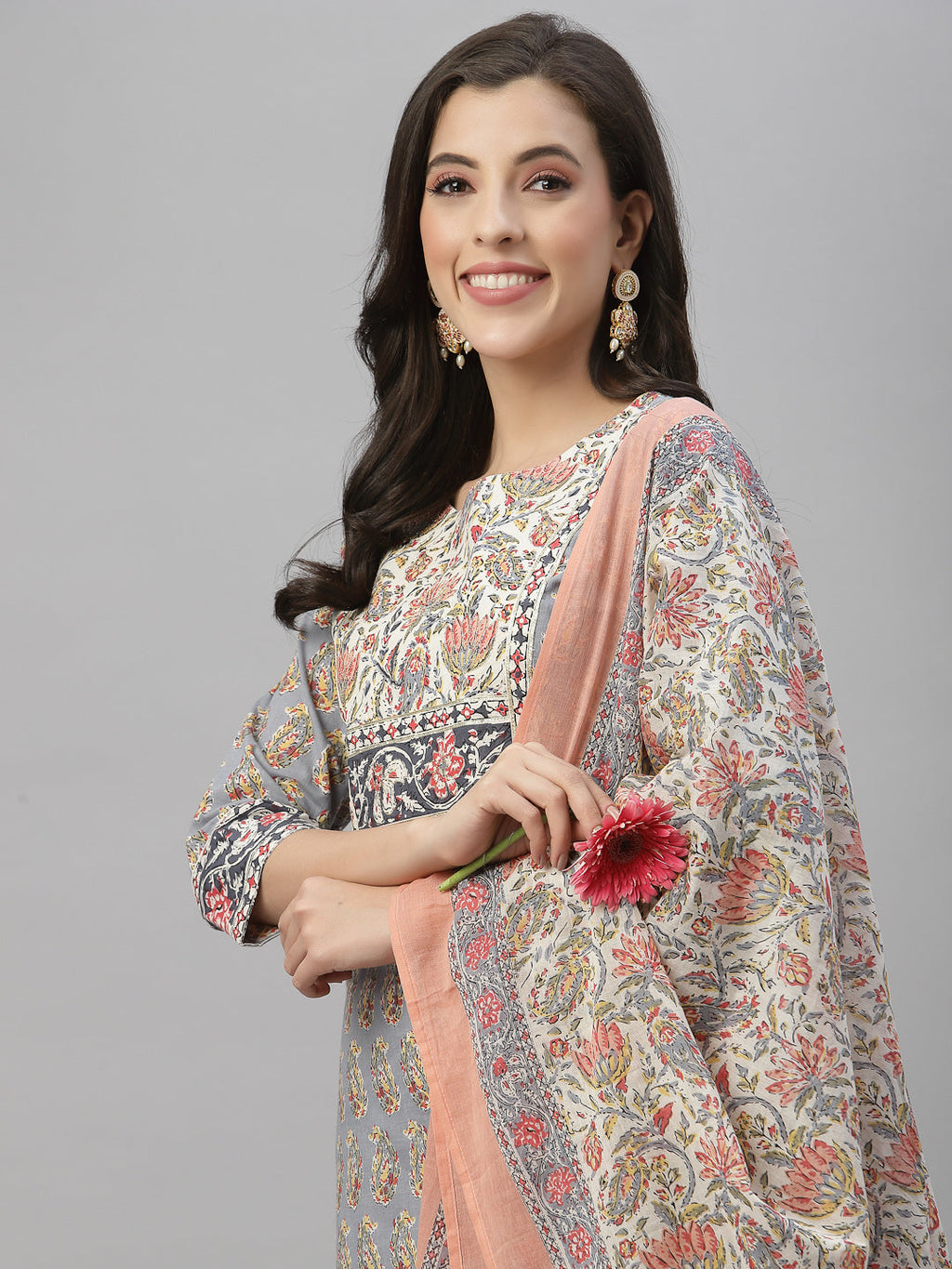 Juniper Women Grey Cotton Embroidered Straight Kurta Pant Dupatta Set | Grocsy
