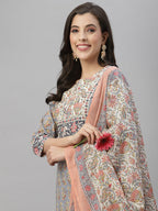 Juniper Women Grey Cotton Embroidered Straight Kurta Pant Dupatta Set | Grocsy