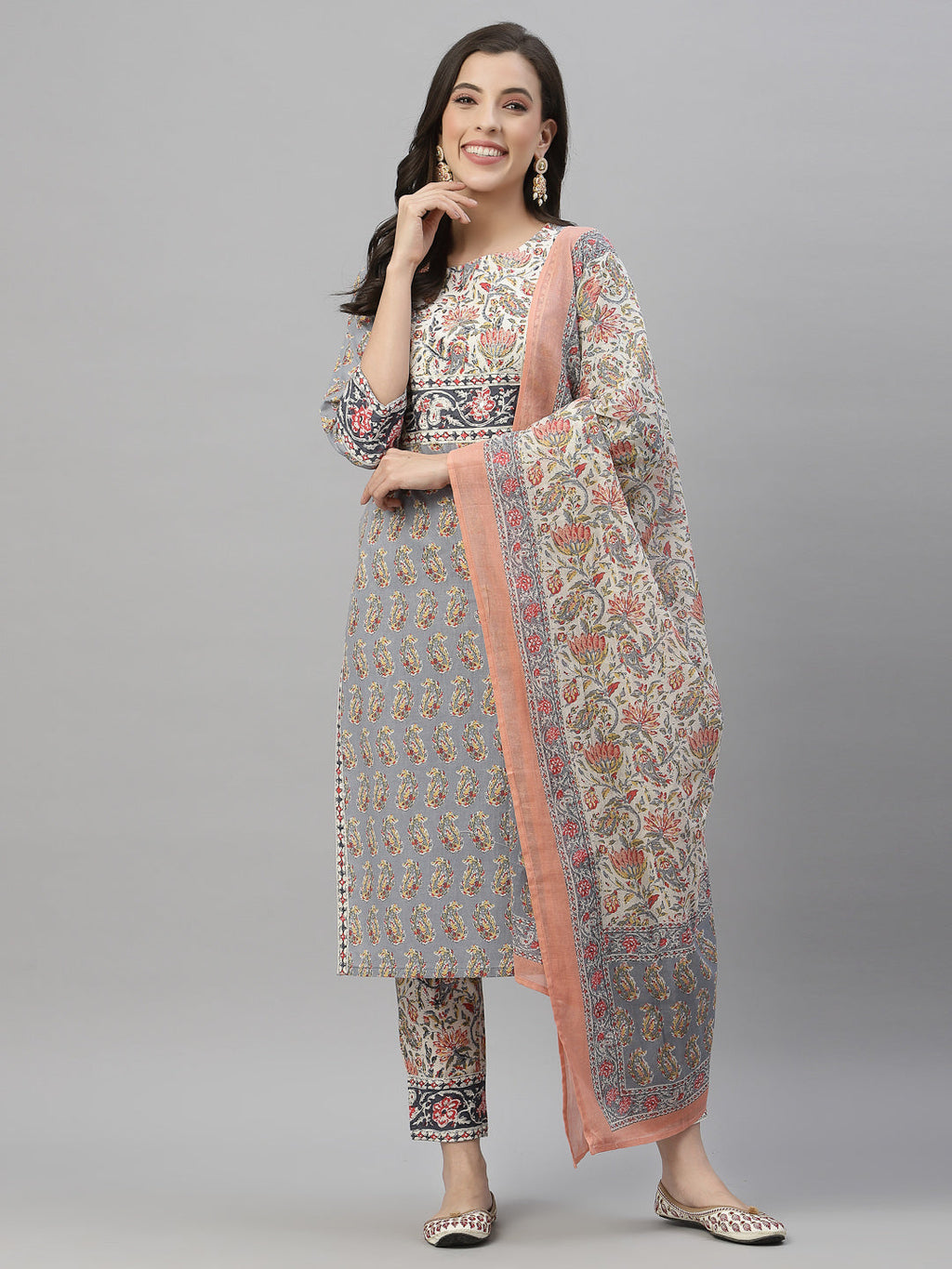 Juniper Women Grey Cotton Embroidered Straight Kurta Pant Dupatta Set | Grocsy