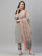Juniper Women Grey Cotton Embroidered Straight Kurta Pant Dupatta Set | Grocsy