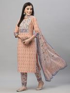 Juniper Women Peach Cotton Embroidered Straight Kurta Pant Dupatta Set | Grocsy