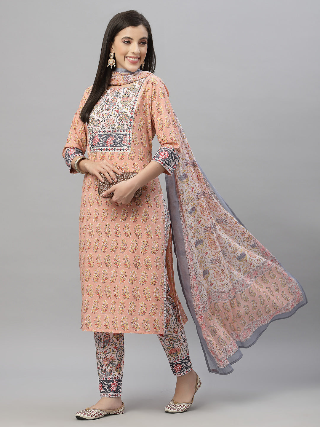 Juniper Women Peach Cotton Embroidered Straight Kurta Pant Dupatta Set | Grocsy