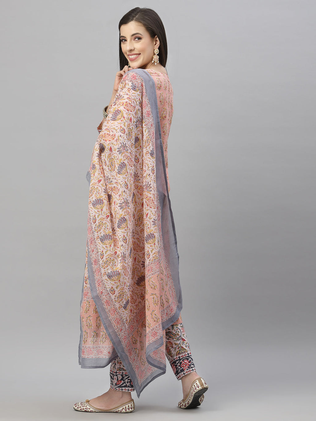 Juniper Women Peach Cotton Embroidered Straight Kurta Pant Dupatta Set | Grocsy