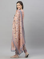 Juniper Women Peach Cotton Embroidered Straight Kurta Pant Dupatta Set | Grocsy