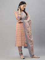 Juniper Women Peach Cotton Embroidered Straight Kurta Pant Dupatta Set | Grocsy