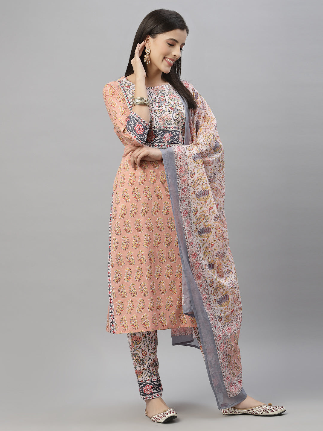 Juniper Women Peach Cotton Embroidered Straight Kurta Pant Dupatta Set | Grocsy