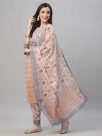 Juniper Women Peach Cotton Embroidered Straight Kurta Pant Dupatta Set | Grocsy
