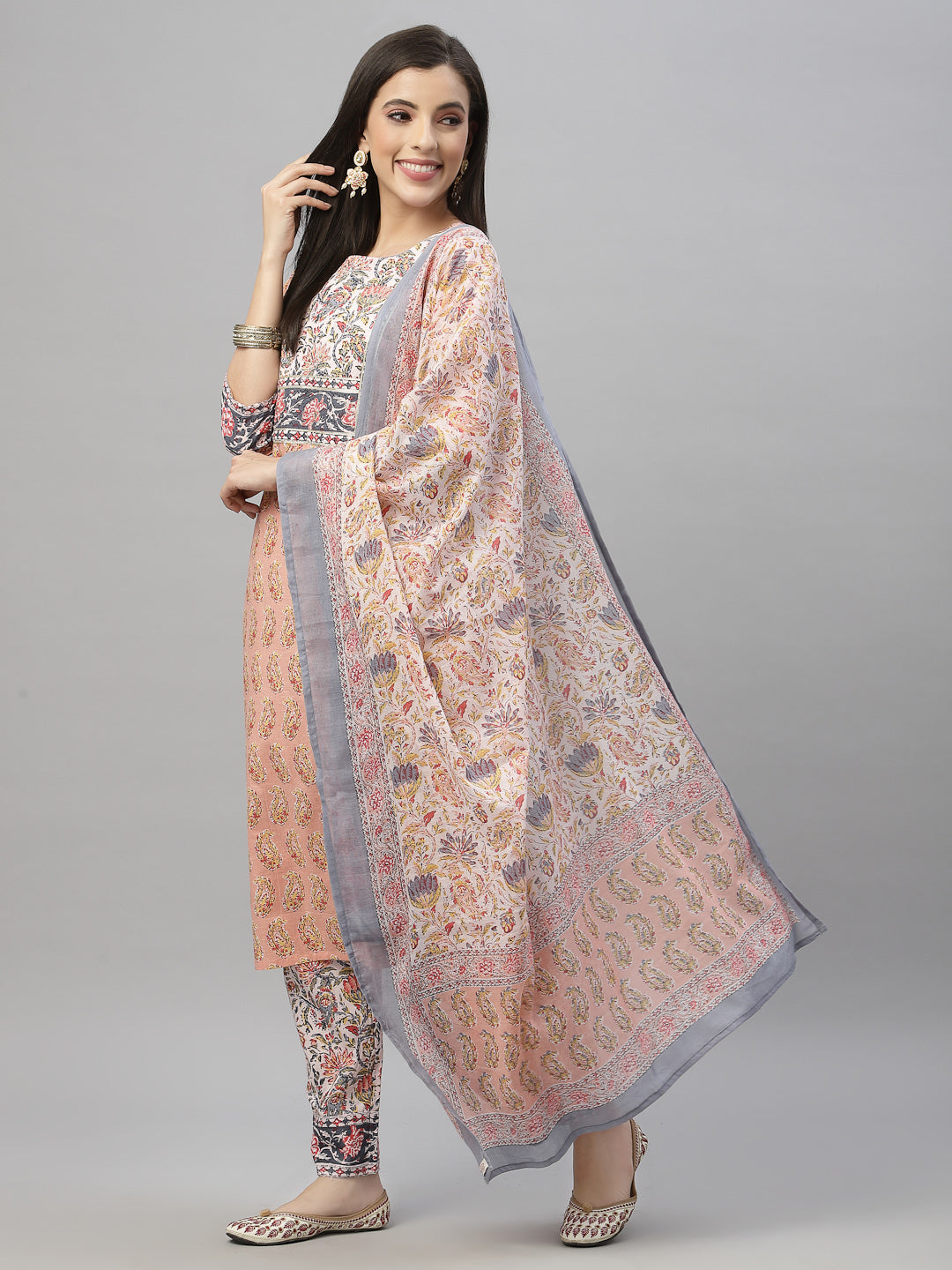 Juniper Women Peach Cotton Embroidered Straight Kurta Pant Dupatta Set | Grocsy