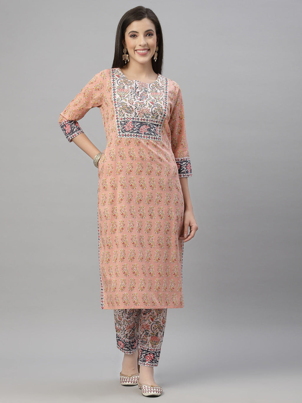 Juniper Women Peach Cotton Embroidered Straight Kurta Pant Dupatta Set | Grocsy