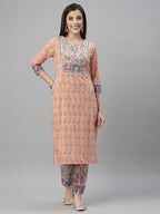 Juniper Women Peach Cotton Embroidered Straight Kurta Pant Dupatta Set | Grocsy