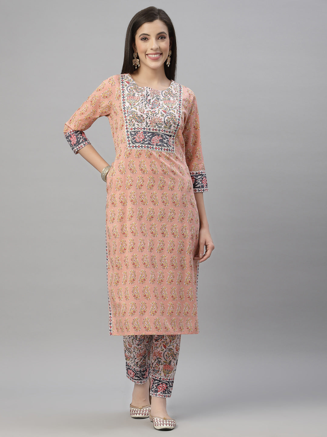 Juniper Women Peach Cotton Embroidered Straight Kurta Pant Dupatta Set | Grocsy