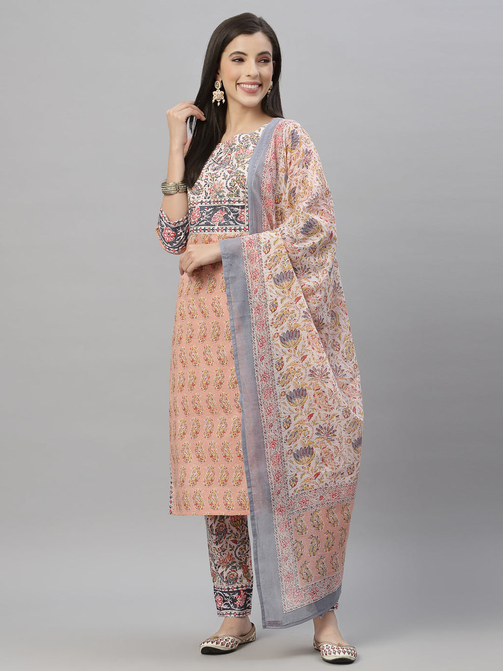 Juniper Women Peach Cotton Embroidered Straight Kurta Pant Dupatta Set | Grocsy