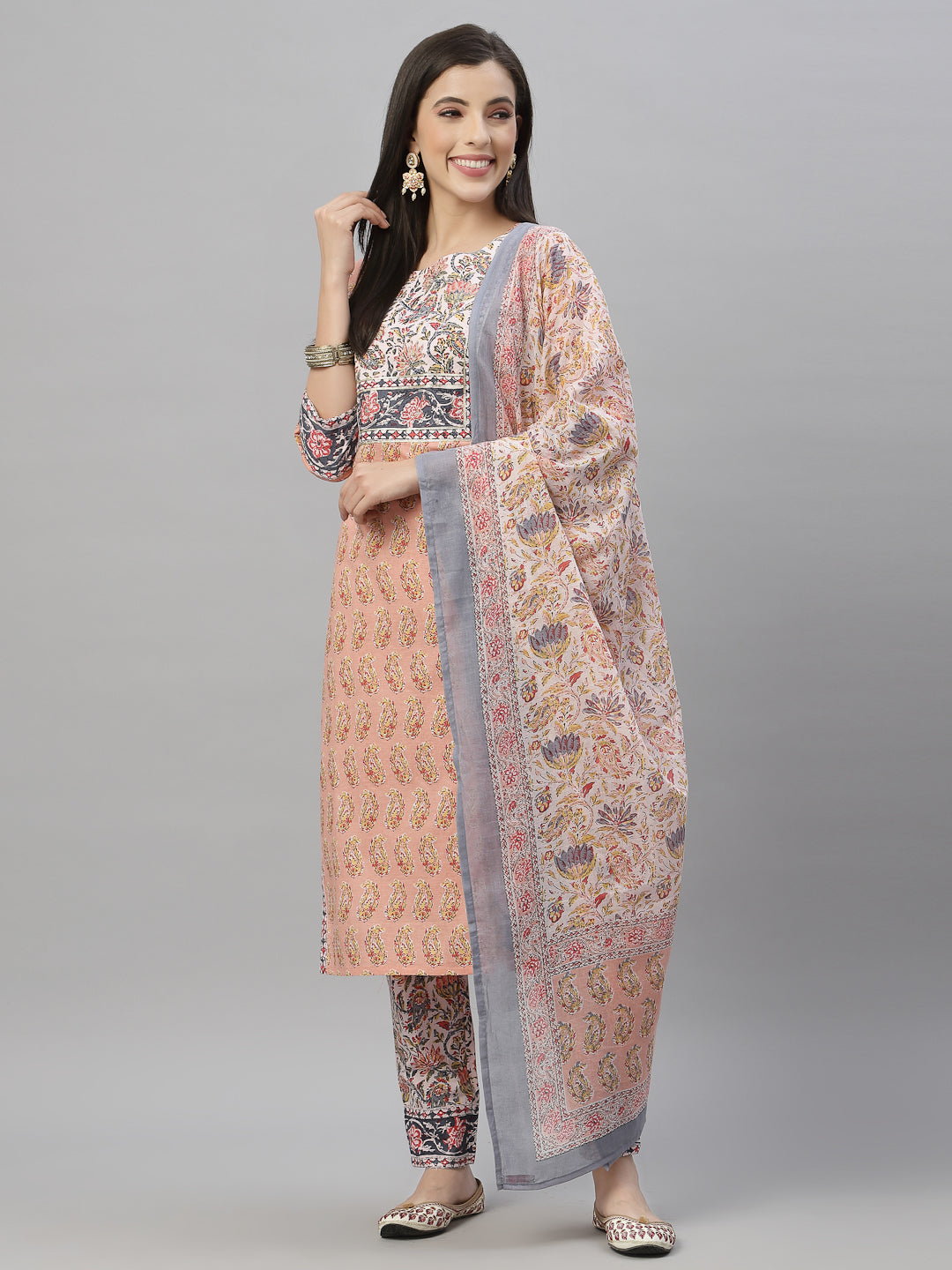 Juniper Women Peach Cotton Embroidered Straight Kurta Pant Dupatta Set | Grocsy