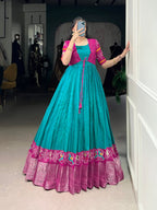 Lorenvalley Fashion Firozi Tussar Chex Patola Print With Weaving Work Border Gown with Koti | Grocsy