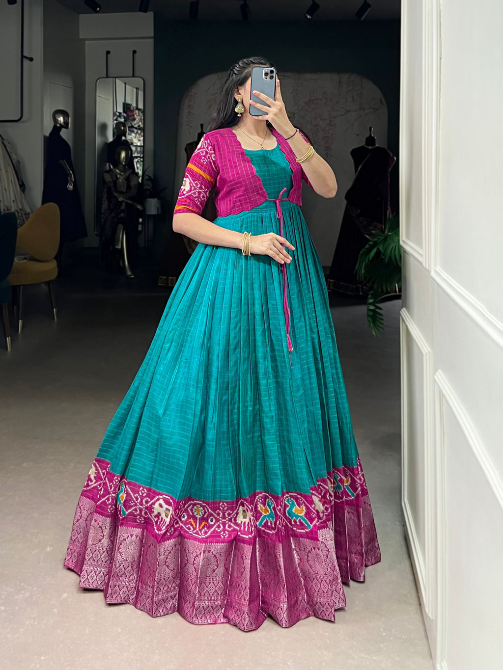 Lorenvalley Fashion Firozi Tussar Chex Patola Print With Weaving Work Border Gown with Koti | Grocsy