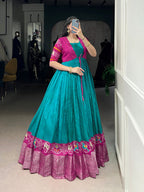 Lorenvalley Fashion Firozi Tussar Chex Patola Print With Weaving Work Border Gown with Koti | Grocsy