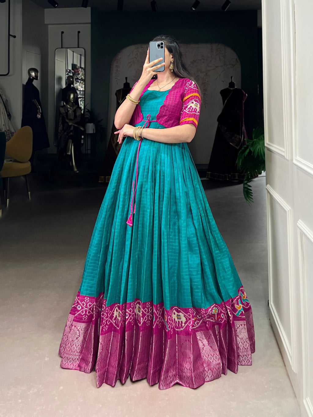 Lorenvalley Fashion Firozi Tussar Chex Patola Print With Weaving Work Border Gown with Koti | Grocsy