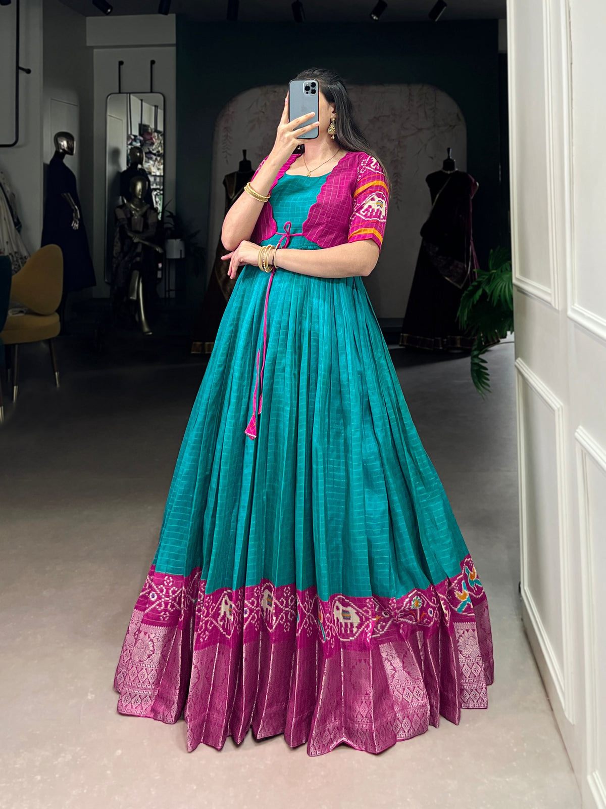 Lorenvalley Fashion Firozi Tussar Chex Patola Print With Weaving Work Border Gown with Koti | Grocsy