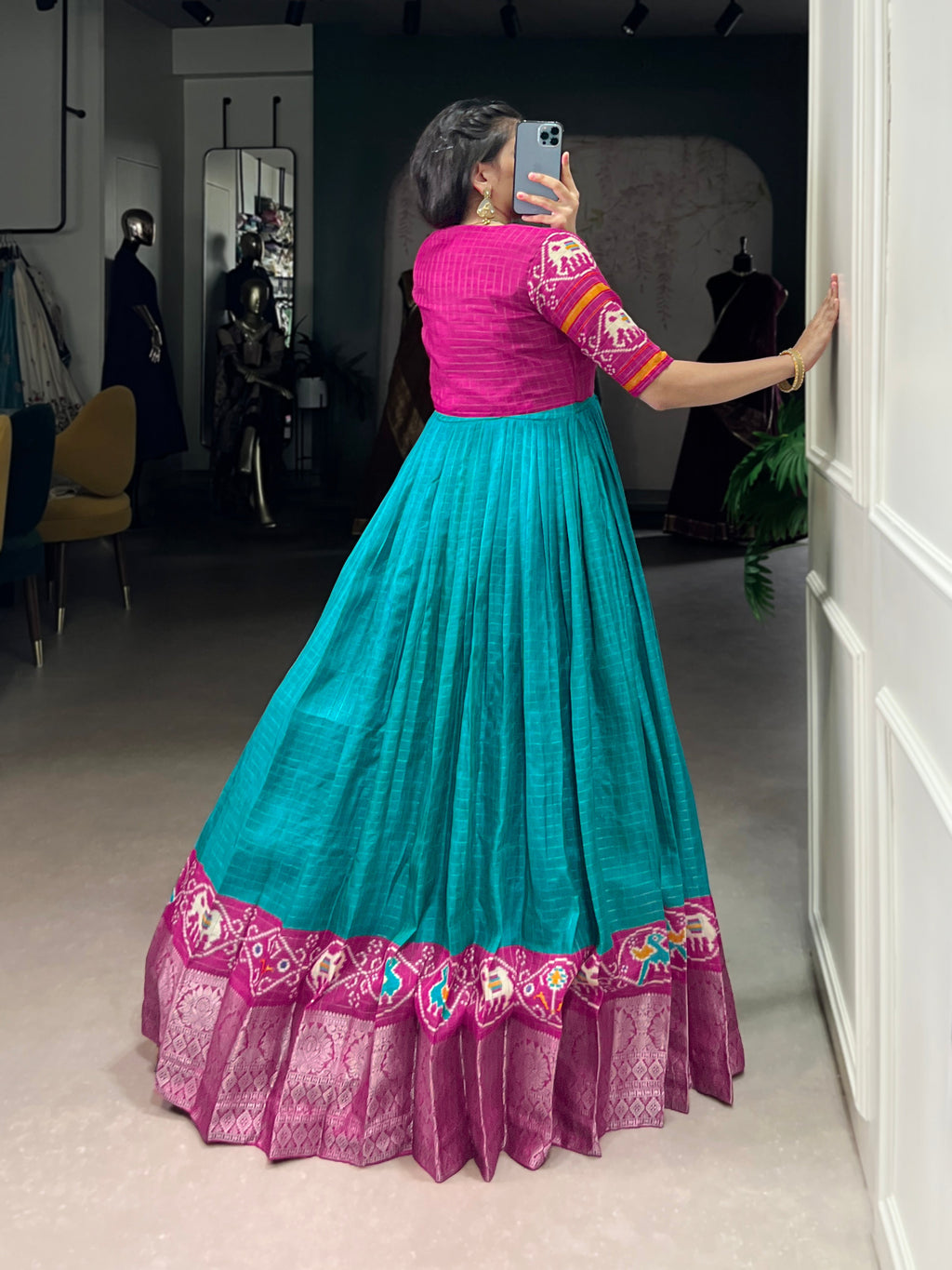 Lorenvalley Fashion Firozi Tussar Chex Patola Print With Weaving Work Border Gown with Koti | Grocsy