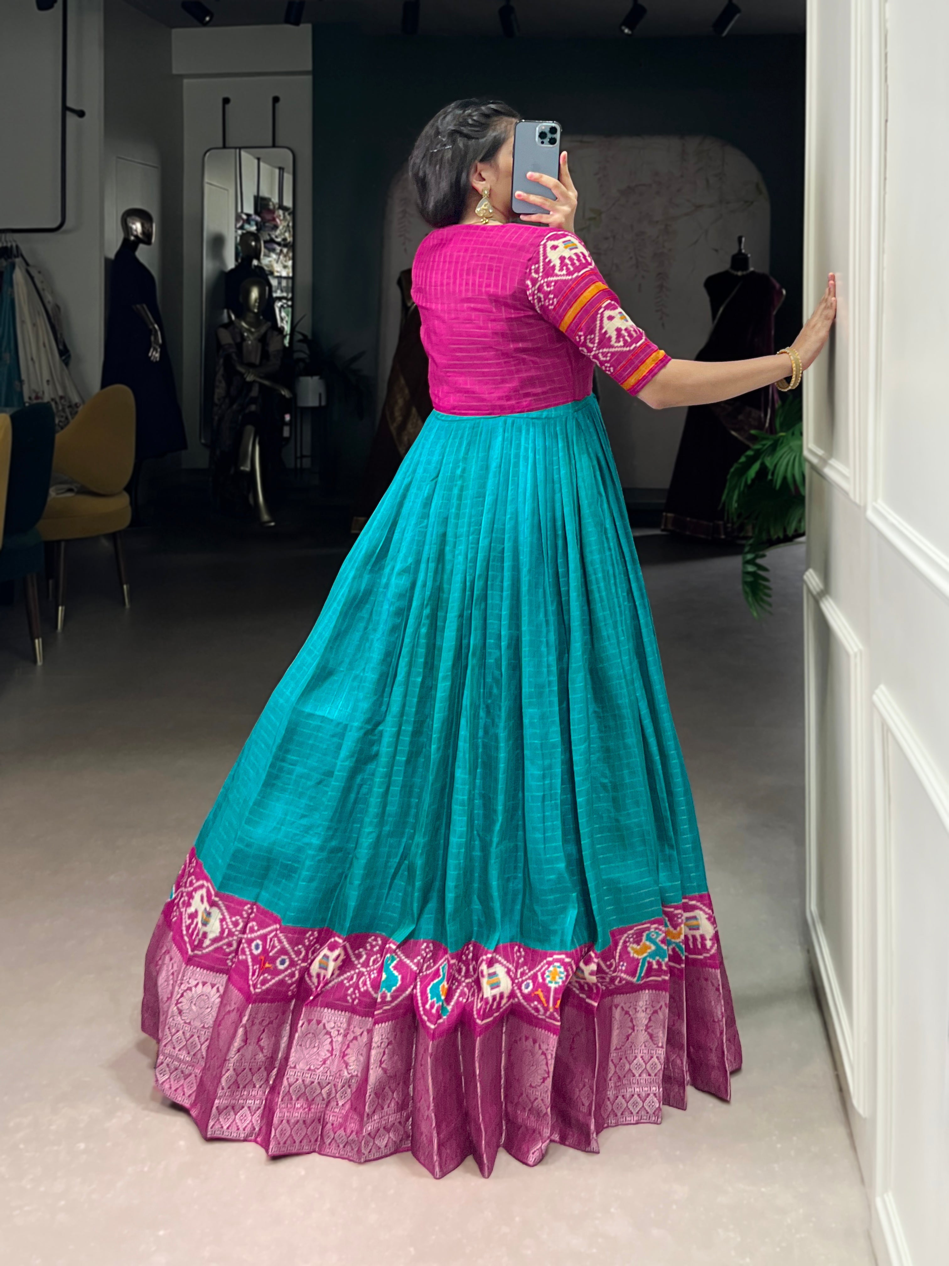 Lorenvalley Fashion Firozi Tussar Chex Patola Print With Weaving Work Border Gown with Koti | Grocsy