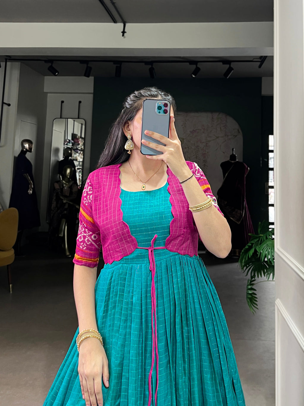 Lorenvalley Fashion Firozi Tussar Chex Patola Print With Weaving Work Border Gown with Koti | Grocsy