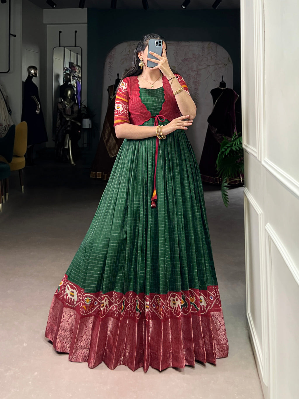 Lorenvalley Fashion Green Tussar Chex Patola Print With Weaving Work Border Gown with Koti | Grocsy