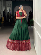 Lorenvalley Fashion Green Tussar Chex Patola Print With Weaving Work Border Gown with Koti | Grocsy