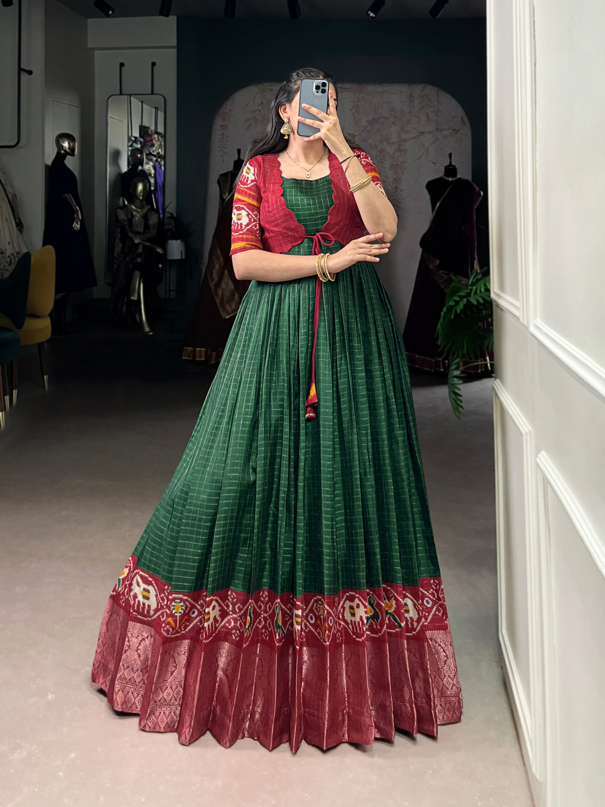 Lorenvalley Fashion Green Tussar Chex Patola Print With Weaving Work Border Gown with Koti | Grocsy